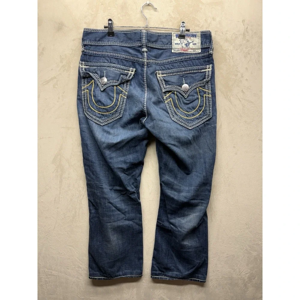 True Religion Straight Mega T Jeans Mens 33 Flap Pocket Mud Slinger Thick Stitch